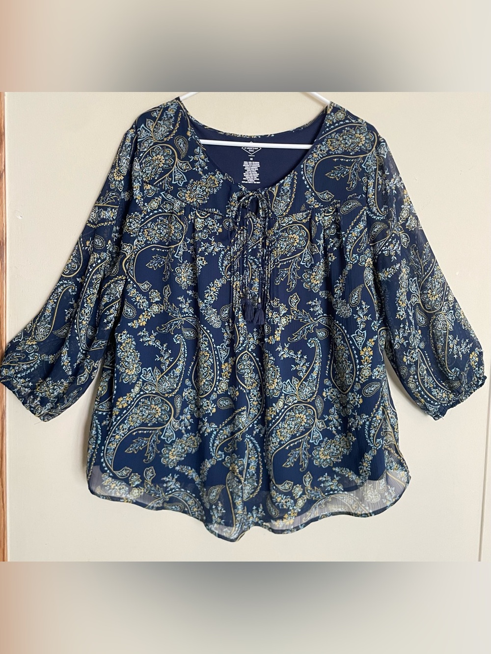 St. John’s Bay Blue Paisley Print Front Tassel Tie Blouse